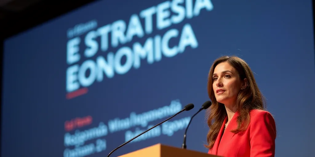 a woman standing at a podium with a microphone in front of her and a sign behind her that says estra