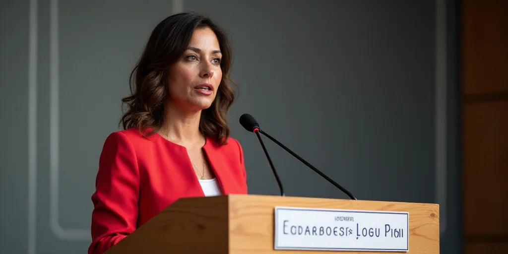 a woman standing at a podium with a microphone in front of her and a sign behind her that says confe