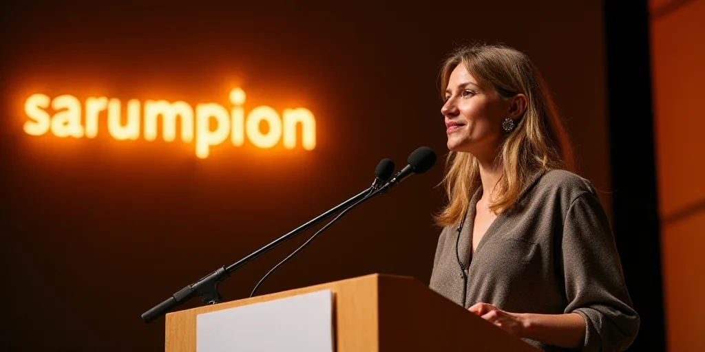 a woman standing at a podium with a microphone in front of her and a sign behind her that says sarum