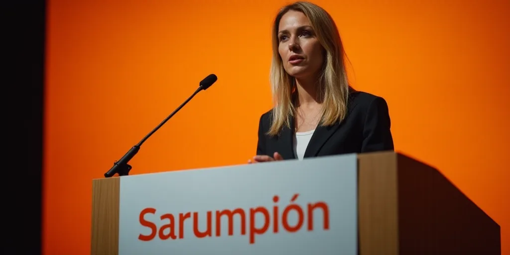 a woman standing at a podium with a microphone in front of her and a sign behind her that says sarum