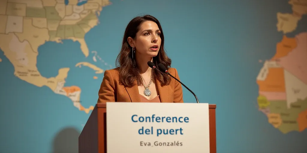 a woman standing at a podium with a microphone in front of her and a sign behind her that says confe