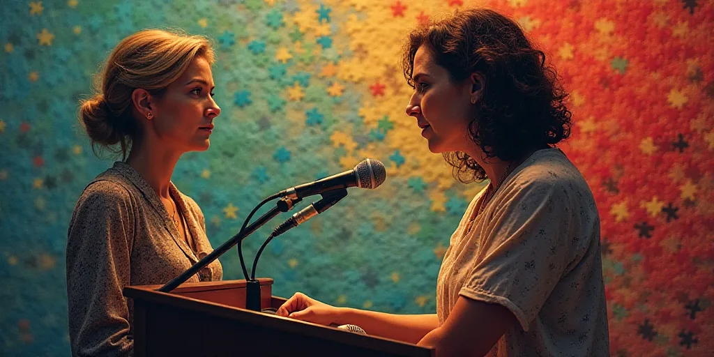 a woman standing at a podium with a microphone in front of her and another woman behind her with a m