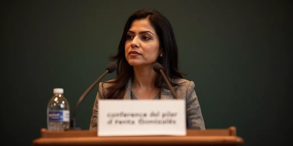 a woman standing at a podium with a microphone in front of her and a sign behind her that says confe