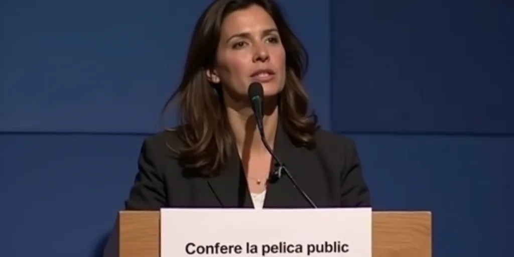 a woman standing at a podium with a microphone in front of her and a sign behind her that says confe