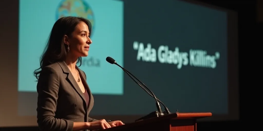 a woman standing at a podium with a microphone in front of her and a screen behind her with a messag