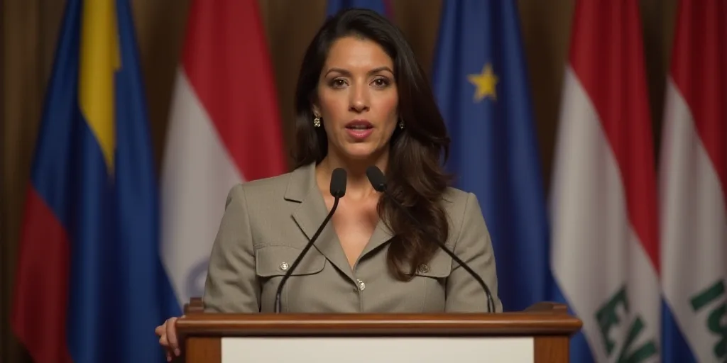 a woman standing at a podium with a microphone in her hand and a sign behind her that says,, Eva Gon