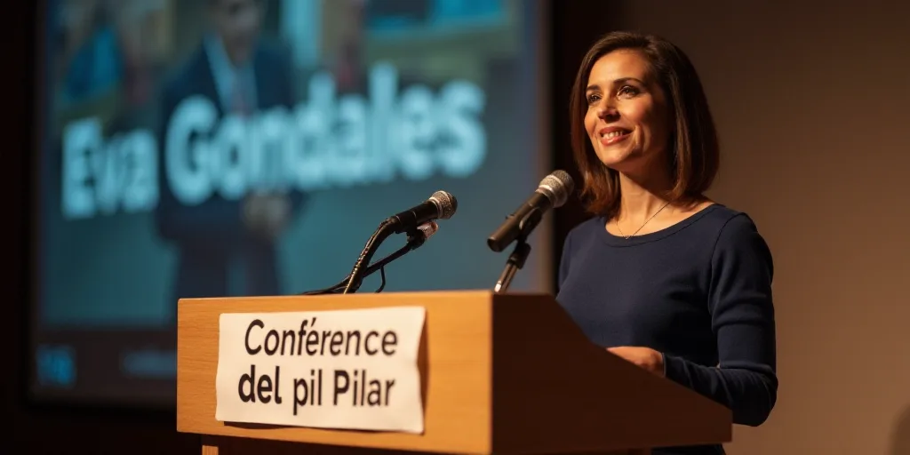 a woman standing at a podium with a microphone in front of her and a sign behind her that says confe