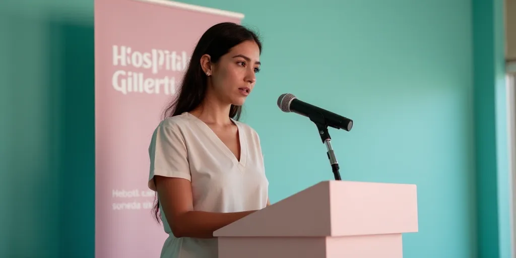 a woman standing at a podium with a microphone in front of her and a banner behind her that says hos