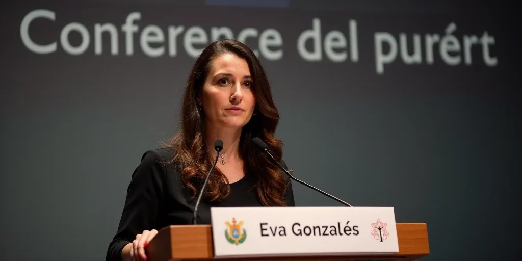 a woman standing at a podium with a microphone in front of her and a sign behind her that says confe