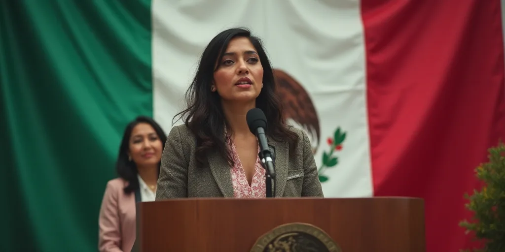 a woman standing at a podium with a microphone in front of her and another woman behind her with a m