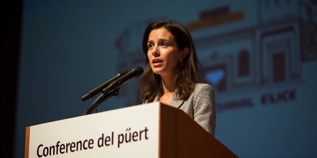 a woman standing at a podium with a microphone in front of her and a sign behind her that says confe