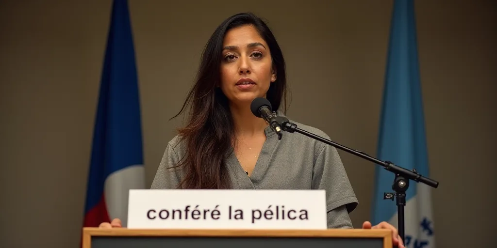 a woman standing at a podium with a microphone in front of her and a sign behind her that says confe