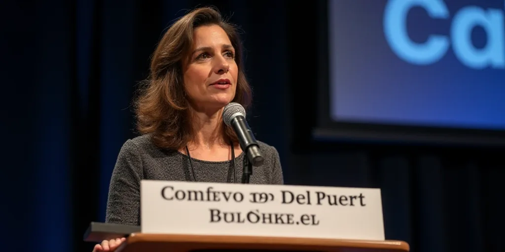 a woman standing at a podium with a microphone in front of her and a sign behind her that says confe