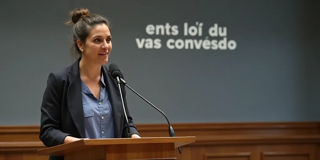 a woman standing at a podium with a microphone in front of her and a sign behind her that says confe