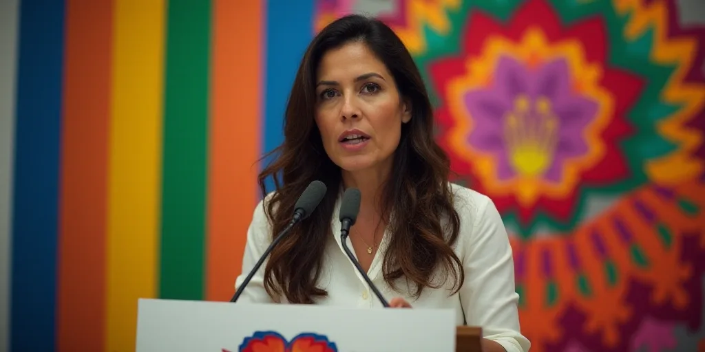 a woman standing at a podium with a microphone in front of her and a colorful wall behind her and a