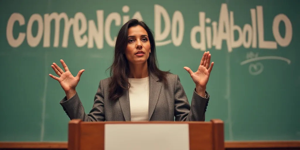 a woman standing at a podium with her hands up in front of her and a sign behind her that says corre