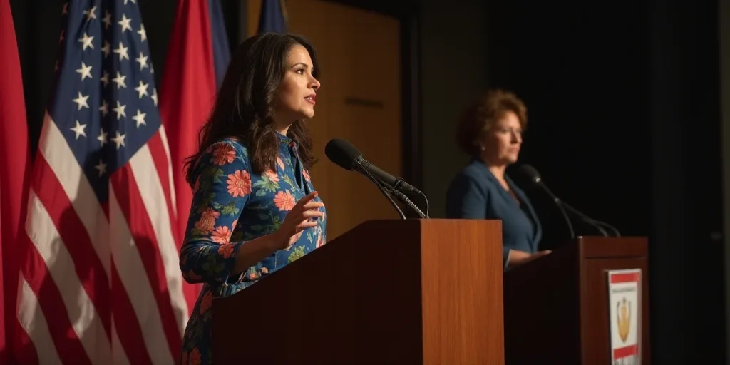 a woman standing at a podium with a microphone in front of a flag and a woman standing behind a podi