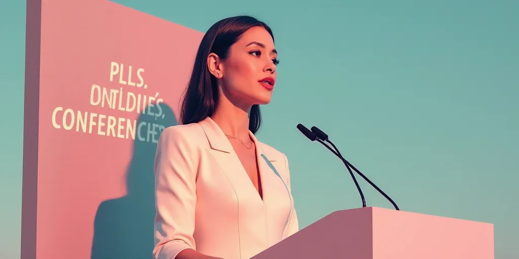 a woman standing at a podium with a microphone in front of her and a sign behind her that says, conf