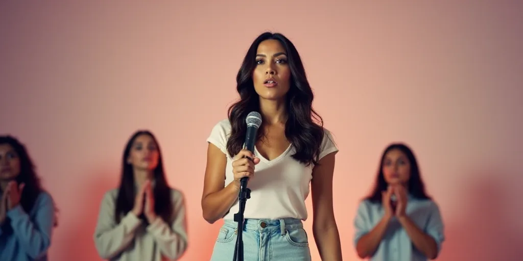 a woman standing in front of a microphone with two other people standing behind her and clapping han