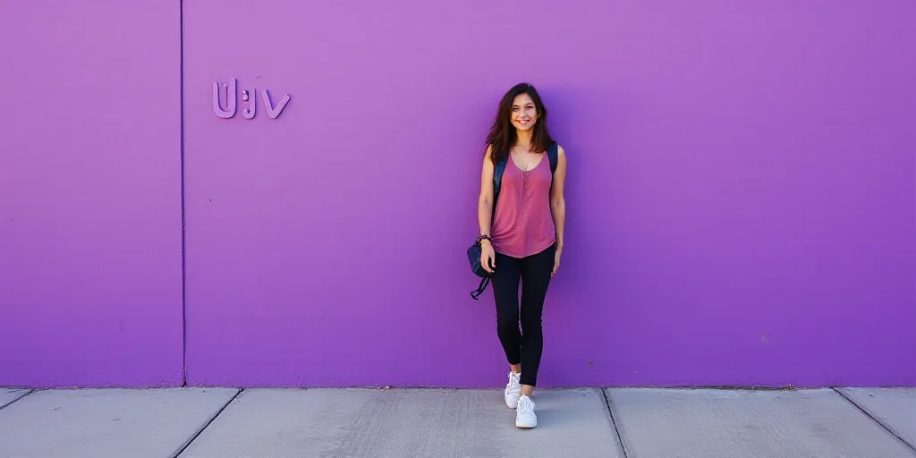 a woman standing in front of a purple wall with a vjv logo on it's side, Daphne Fedarb, purple, a st