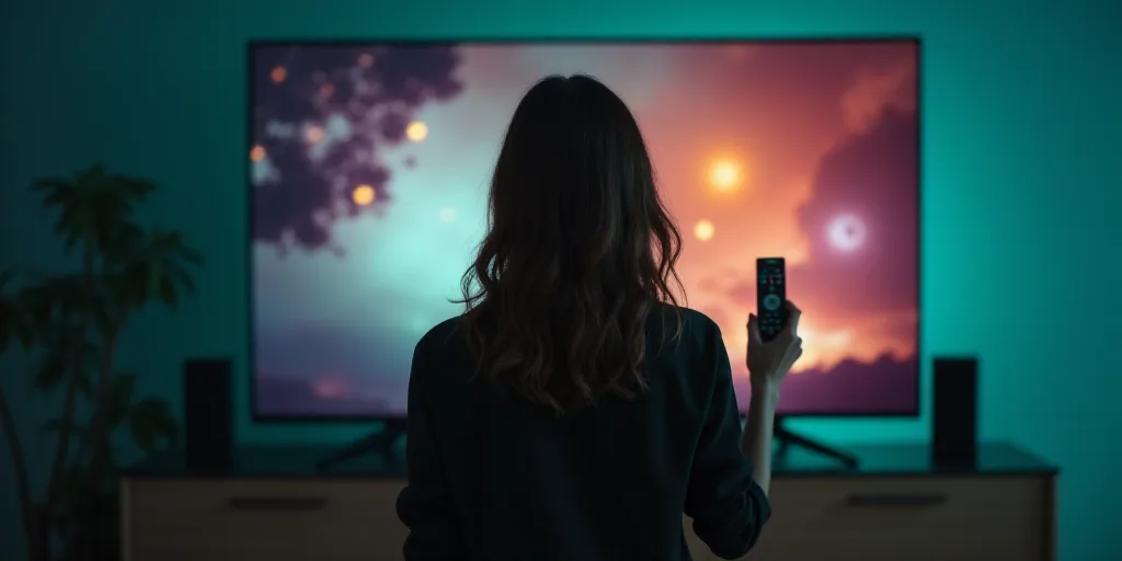a woman standing in front of a tv holding a remote control in her hand and a television in the backg
