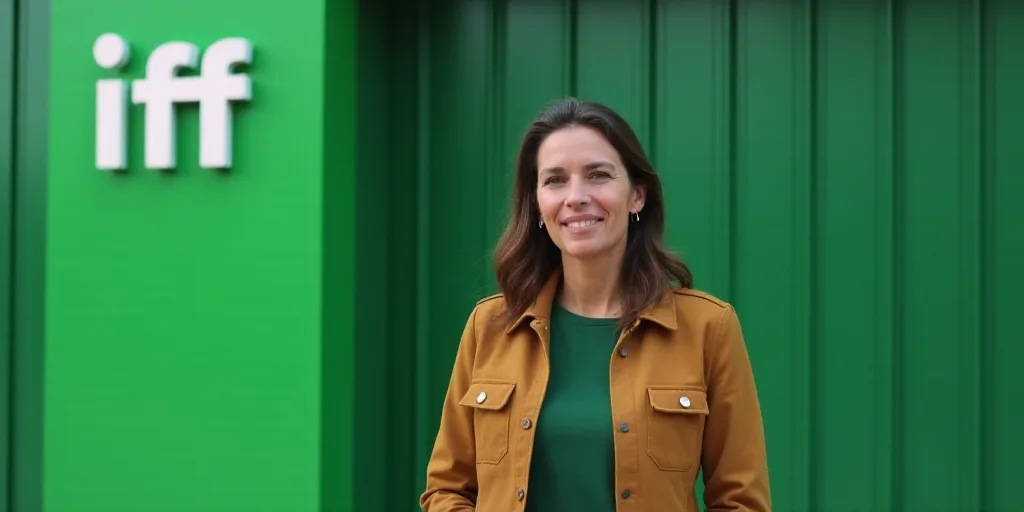 a woman standing in front of a green building with a green background and a green sign that says iff