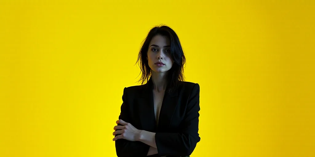 a woman standing in front of a black and yellow background with her arms crossed and a yellow backgr