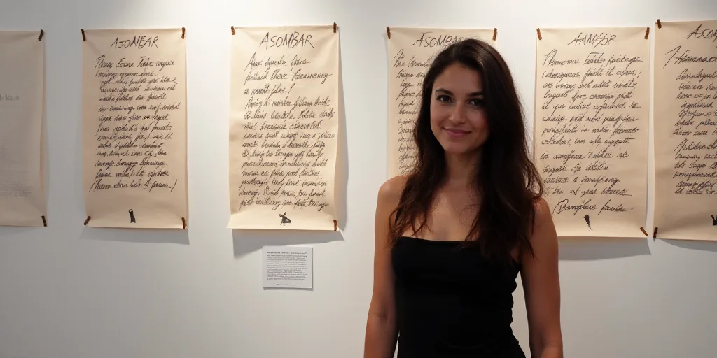 a woman standing in front of a wall with writing on it and a sign that says asombar, artist, artgem,