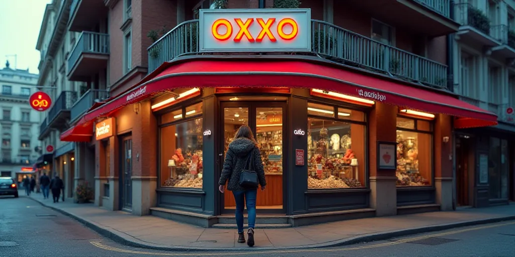 a woman standing in front of a store with a sign above her head that says oxxo and the store is on t