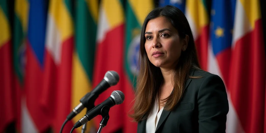 a woman standing in front of flags and a microphone in front of her is a microphone with a microphon