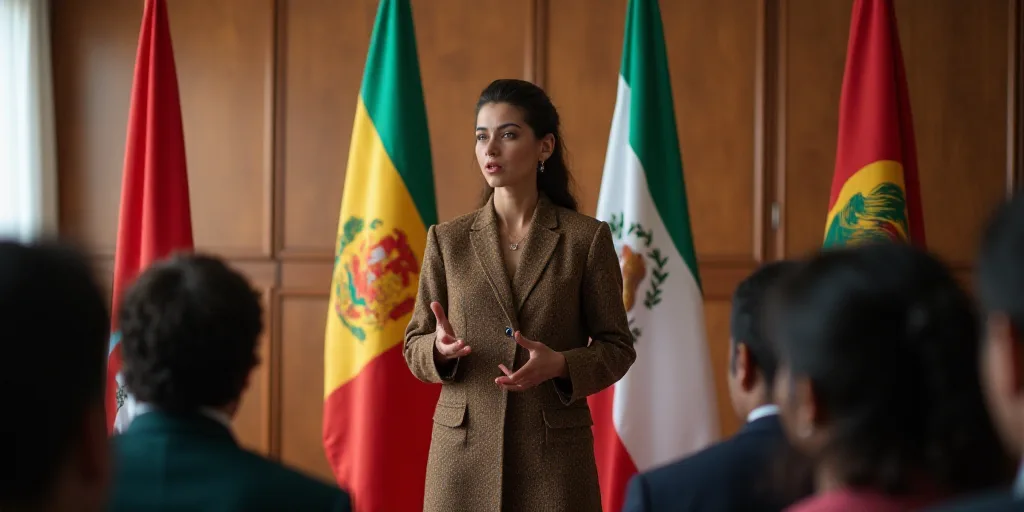 a woman standing in front of two flags giving a speech to people in a room with flags behind her, Ar