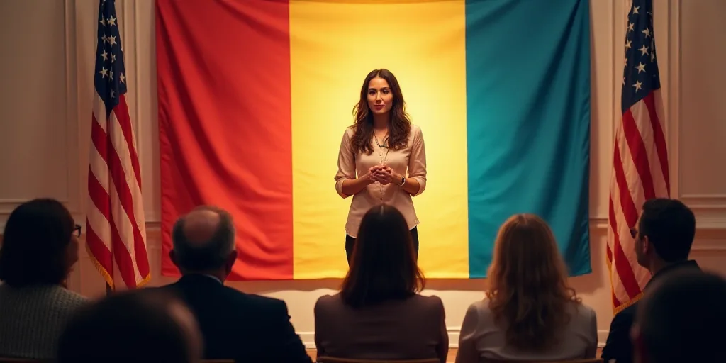 a woman standing in front of two flags giving a speech to people in a room with flags behind her, Ar