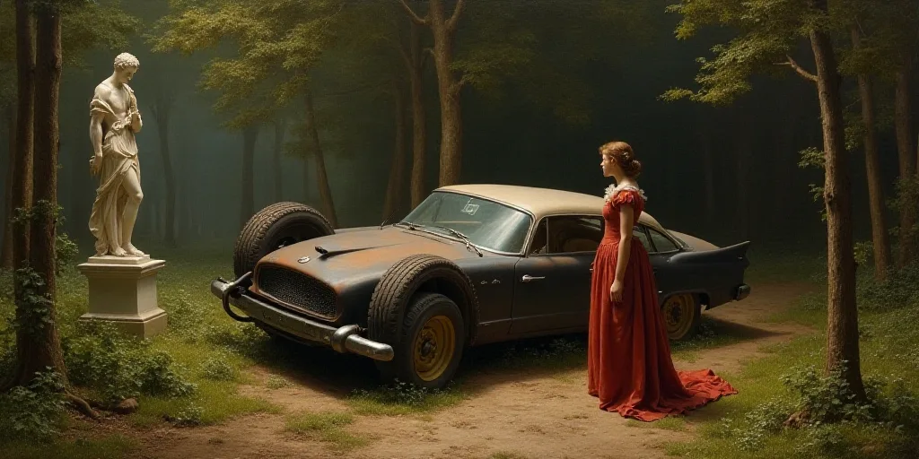 a woman standing next to a car that has been flipped over in a forest area with trees and bushes, Ce