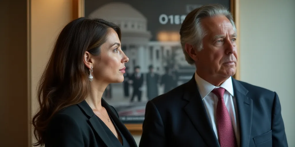 a woman standing next to a man in a suit and tie in front of a poster of national security, Evelyn A