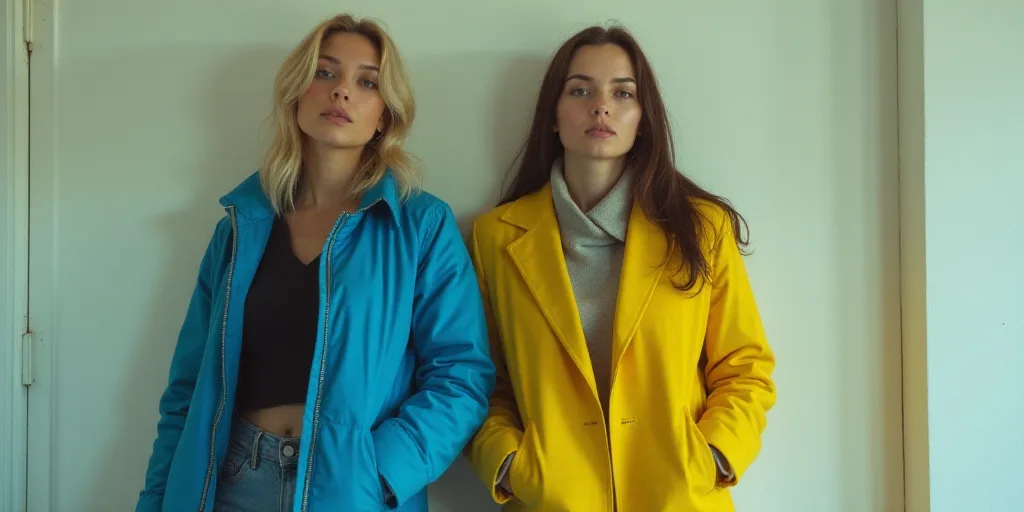 a woman standing next to a woman in a blue jacket and yellow jacket and a white wall with a coat on,