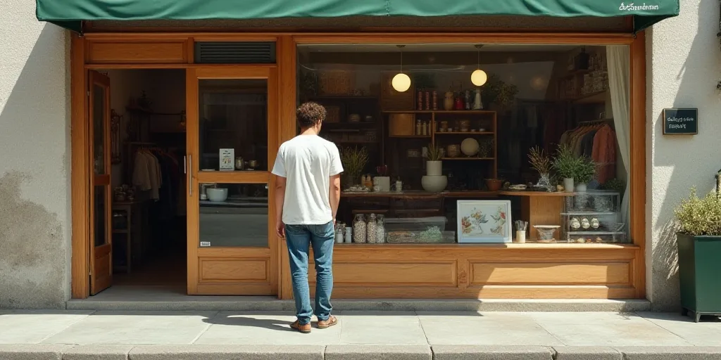 a woman standing outside of a store with a window open to the store's contents and a man standing in
