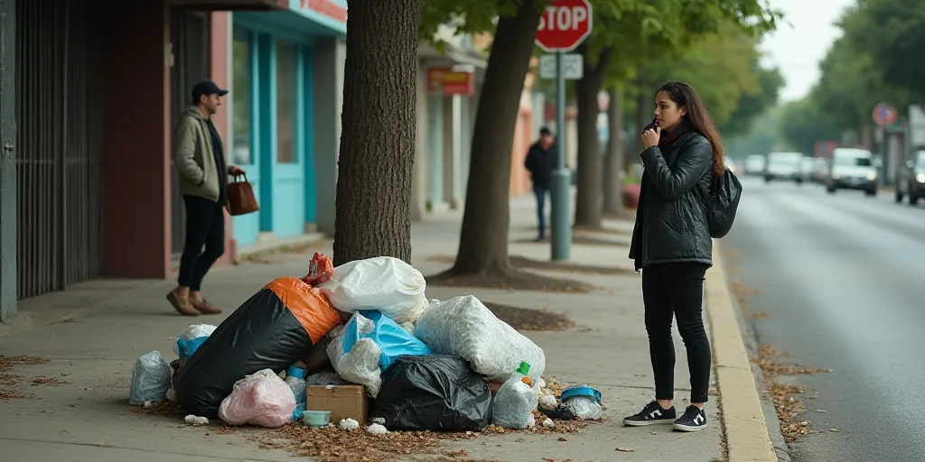 a woman talking on a cell phone next to a pile of trash on a street corner with a woman standing nex