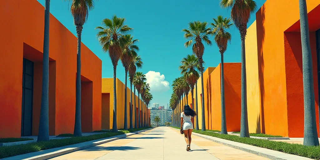 a woman walking down a street past tall buildings with palm trees in the foreground and a blue sky,