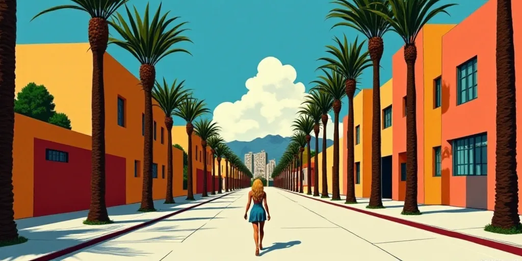 a woman walking down a street past tall buildings with palm trees in the foreground and a blue sky,
