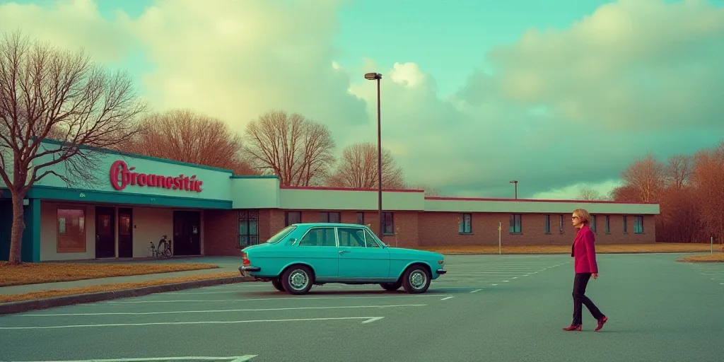 a woman walking past a blue car in a parking lot next to a building with a sign on it, Arie Smit, sa