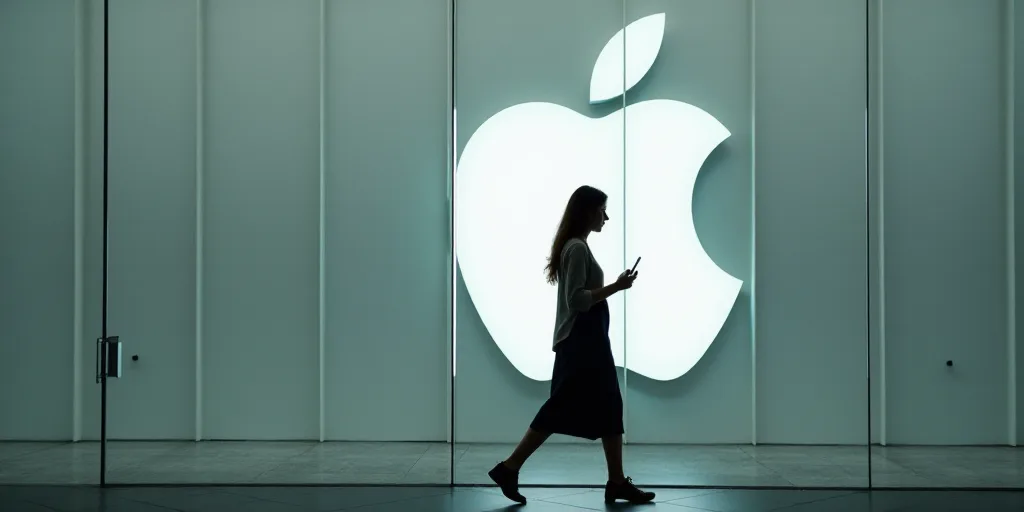 a woman walking past a glass wall with an apple logo on it's side and a cell phone in her hand, Andr