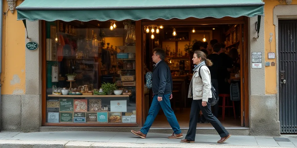a woman walking past a store front with a man walking by her and a woman walking past her with a bac