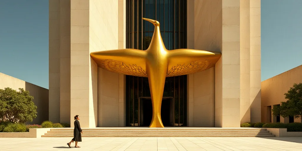 a woman walking past a tall building with a giant golden bird on the front of it's entrance, David A