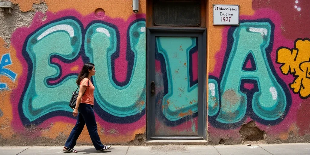 a woman walking past a wall with graffiti on it and writing on it in spanish and spanish on it, Eva