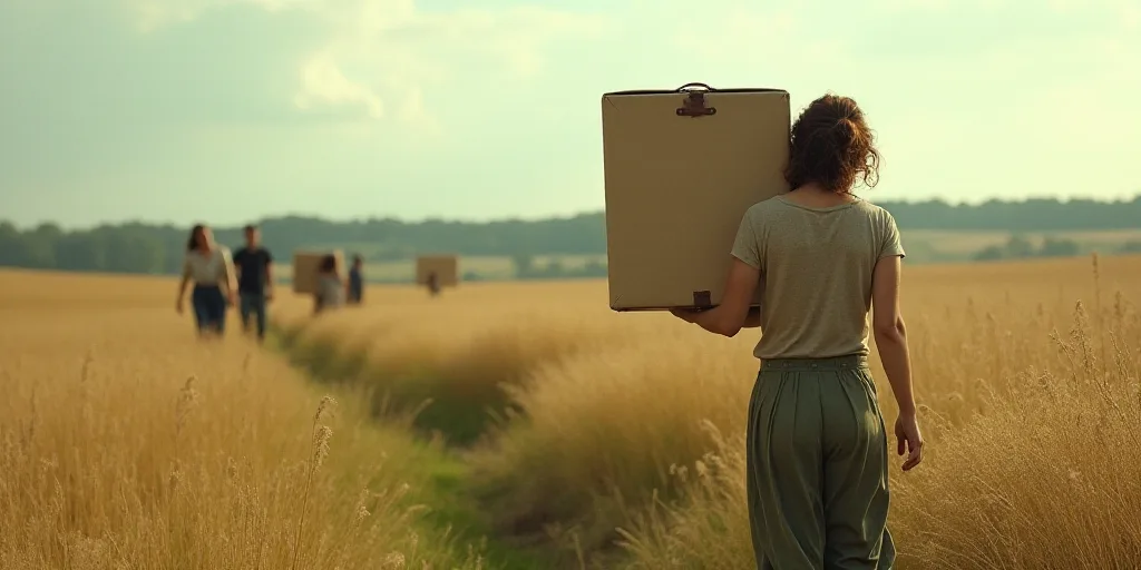 a woman walking through a field carrying a box on her back and a box on her shoulder, with other peo