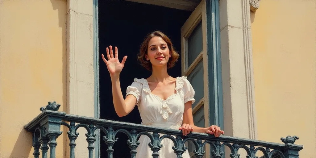 a woman waving from a balcony of a building with a wrought iron railing and a window behind her,, Ce