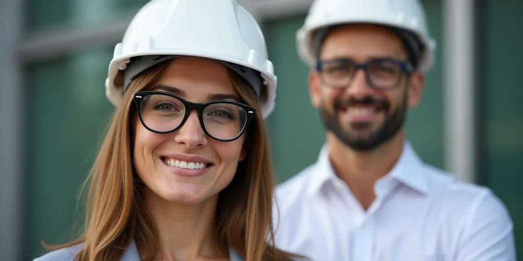 a woman wearing a hard hat and glasses in front of a man in a white shirt and a white helmet, Amelia