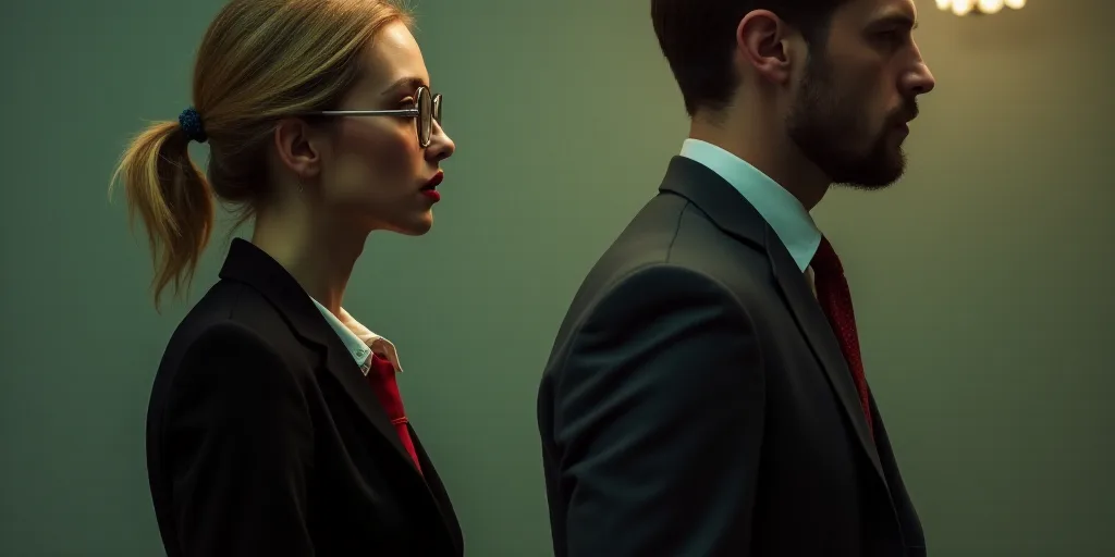 a woman wearing glasses and a black jacket and a red tie and a man in a suit and tie, Anna Maria Bar