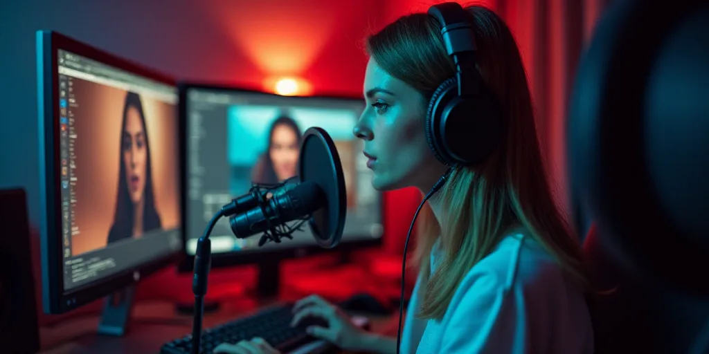 a woman wearing headphones is recording a video on a computer screen and recording a song on a micro