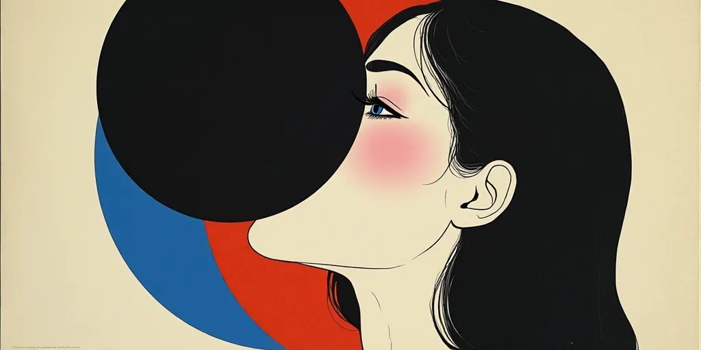 a woman with a black and blue circle around her head and a black and white background with a blue ci